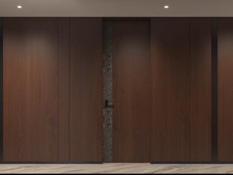 现代意式过道墙板 意式咖色木纹房门 现代过厅墙板 过厅木饰面su模型