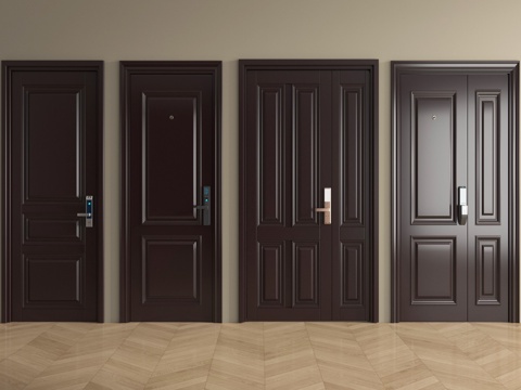 中古风防盗门  入户门指纹锁门  单开门 子母门su模型