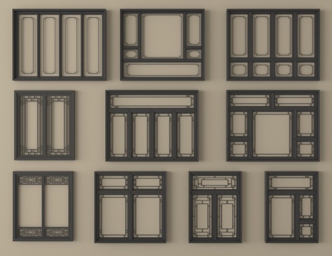 新中式窗户  平开窗 落地窗su模型