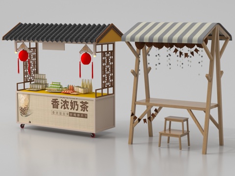 中式摊位  夜市摊位  网红摊位  小吃摊 售货亭su模型
