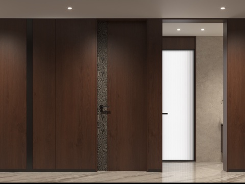 现代意式过道墙板 意式咖色木纹房门 现代过厅墙板 过厅木饰面su模型