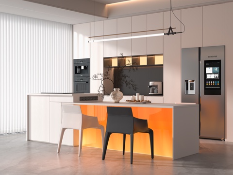 极简餐厅发光中岛台 吧台su模型