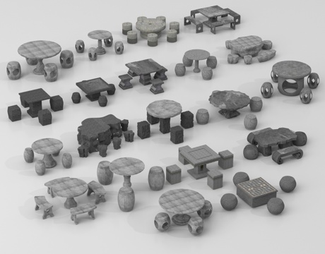 新中式石桌石凳   象棋石桌su模型