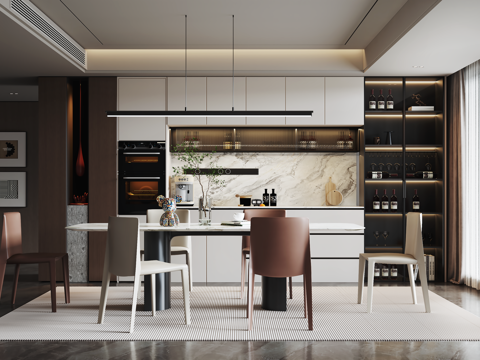 意式现代餐厅 餐桌椅 餐边柜 装饰画su模型