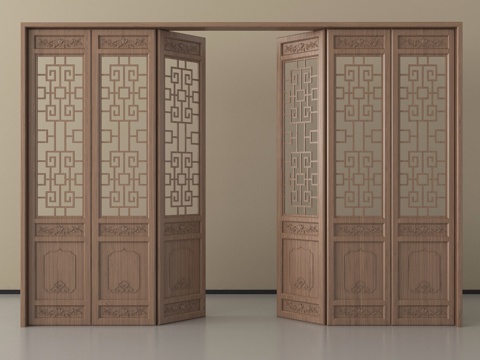 中式镂空折叠门  隔断屏风   雕花木门   古建门su模型
