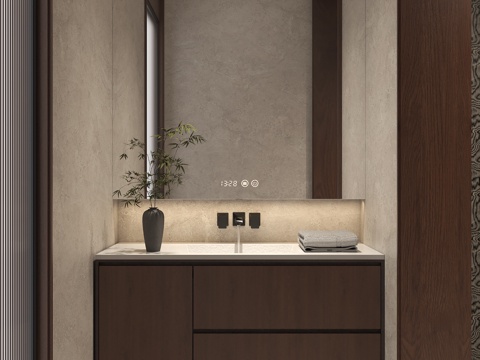 意式浴室柜镜子 新中式卫浴柜 极简镜柜 悬浮卫浴柜 卫生间灰su模型