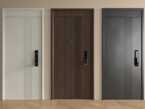 现代防盗门  指纹锁门   单开门 入户门su模型