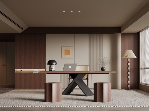 中古风书房 书桌椅 背景墙su模型