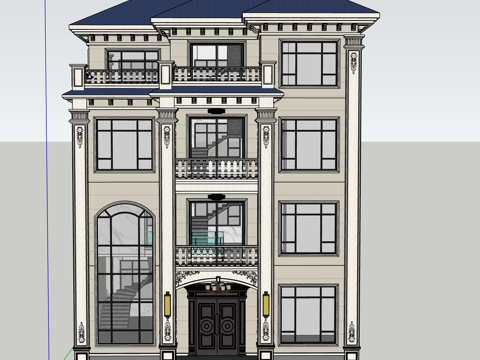 欧式四层别墅/挑空客厅/门楼/旋转楼梯/连体窗su模型