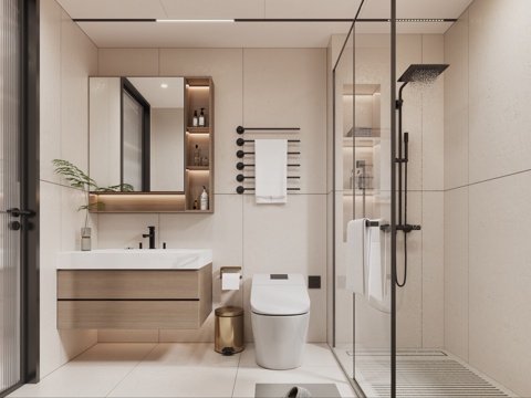  奶油风卫生间 主卫 淋浴隔断 浴室柜 智能马桶3d模型 