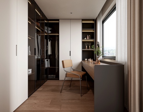 现代家居卧室衣帽间 玻璃门衣柜 转角衣柜 衣柜梳妆台一体su模型