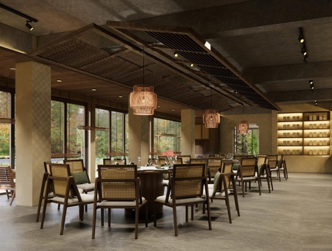 侘寂餐厅大厅 餐厅就餐区su模型