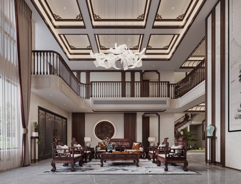  新中式别墅客厅 新中式挑空客厅3d模型 