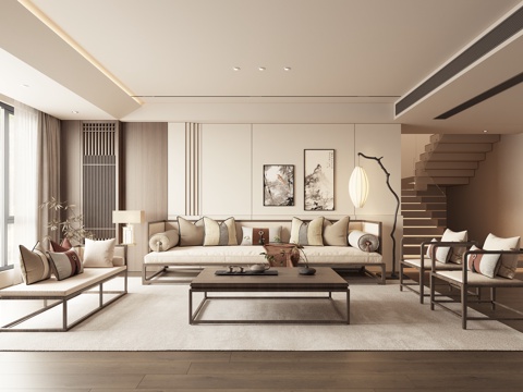 新中式客厅su模型