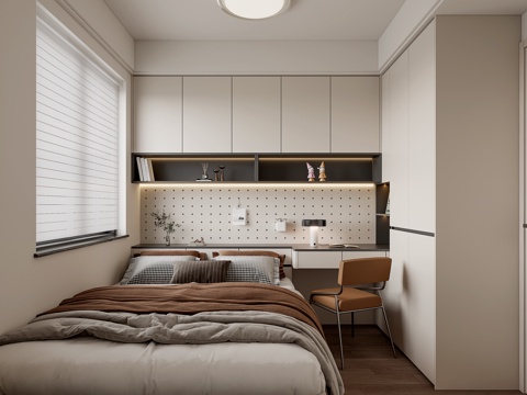 现代榻榻米卧室 衣柜书桌一体  书桌吊柜 书桌洞洞板su模型