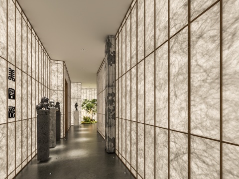 现代新中式酒店过道 杜邦纸发光软膜 足浴会所过道 餐饮过道su模型