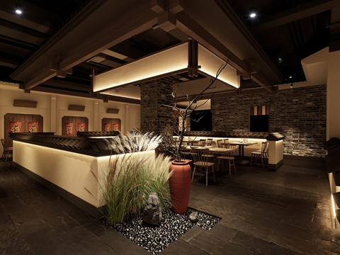 新中式餐厅 中餐厅 餐桌椅组合su模型