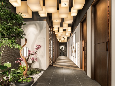 现代新中式酒店过道 花池绿植 灯笼吊灯 木门 餐厅酒店过道su模型