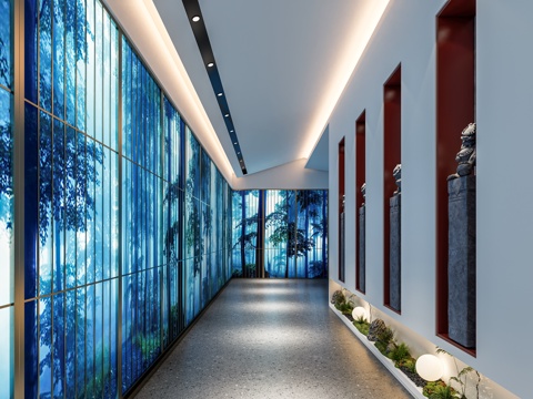 现代新中式酒店过道 酒店客房木门 足浴会所过道 餐饮过道su模型