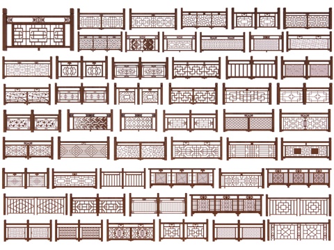 中式木栏杆 雕花栏杆 木护栏 实木栏杆 木围栏 木栅栏木扶手su模型