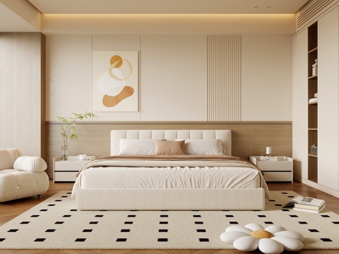 现代奶油风卧室 主卧 双人床 衣柜su模型