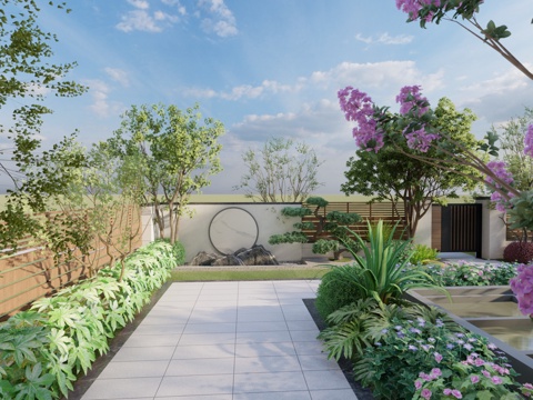 新中式花园庭院施工图效果图cad施工图