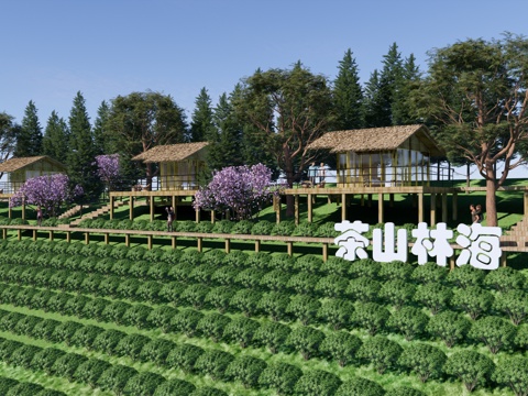 现代 茅草屋 茶山文旅公园 乡村茶园茶田景观 茶山林海 悬挑su模型