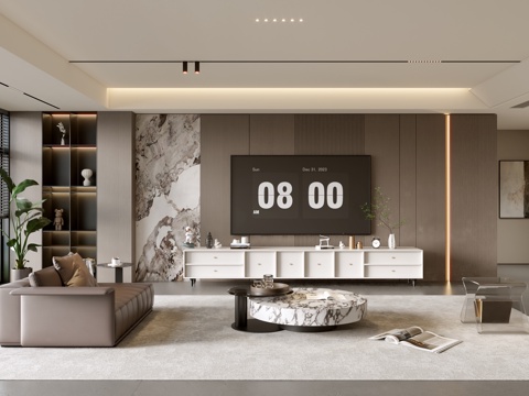 意式客厅 意式电视背景墙 电视柜 沙发茶几组合 电视一体柜su模型