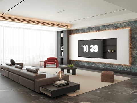 现代意式家居客厅 横厅 无主灯 黑白灰 高级灰su模型