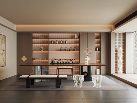 宋式茶室 茶室柜 茶桌椅 装饰画su模型