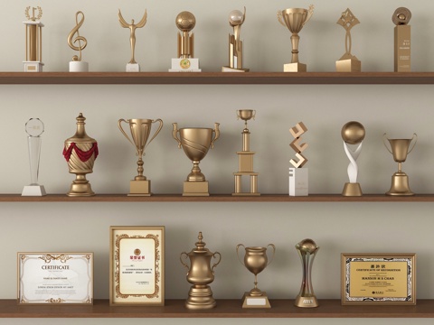  现代奖杯 奖状 荣誉证书3d模型 