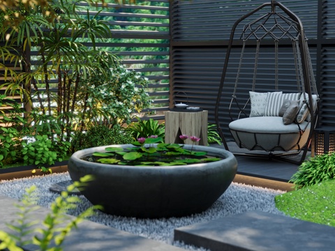  现代别墅花园景观3d模型 