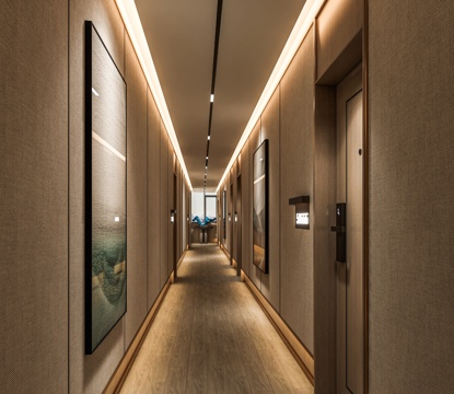 现代新中式酒店过道 酒店客房木门 足浴会所过道 餐饮过道su模型