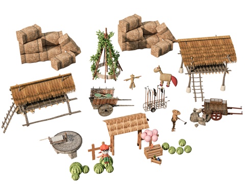  新中式农耕小品 乡村小品 篱笆 稻草 石磨 木材 亭子 蔓藤3d模型 