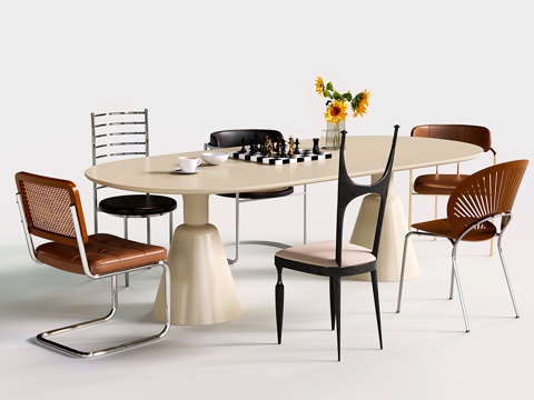 法式餐桌椅 奶油风长方形餐桌 餐椅 单椅su模型