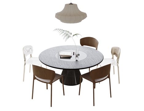 现代圆形餐桌椅 圆形餐桌 餐椅 餐厅吊灯su模型