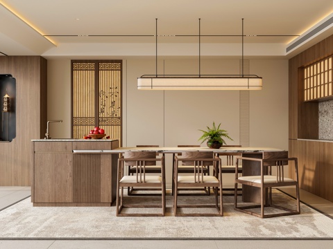  禅意新中式家居餐厅 宋代美学餐厅 岛台餐桌 餐厅吊灯 餐边柜3d模型 