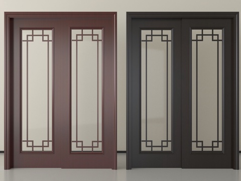 新中式推拉门 双开门 玻璃推拉门 厨卫门 阳台门su模型