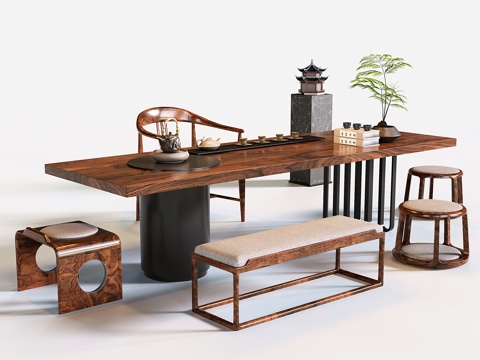 新中式茶桌椅 中式茶台 大板桌 茶具su模型
