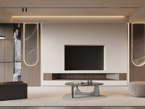 意式客厅 沙发茶几组合 电视背景墙su模型