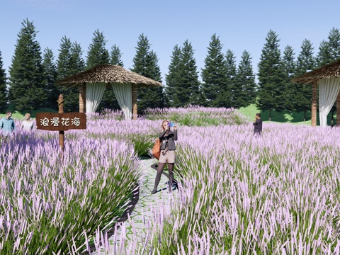 现代 花海 公园景观 粉黛乱子草 浪漫花海 茅草亭 休闲观景su模型