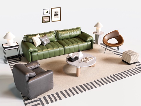 意式沙发茶几组合 皮质三人沙发 单人沙发su模型