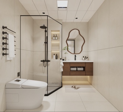  奶油风卫生间 主卫 淋浴隔断 浴室柜 智能马桶3d模型 