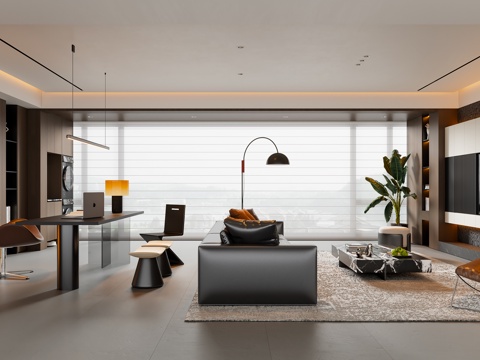 现代意式客厅 大平层 沙发茶几 书桌椅 电视背景墙 吊灯su模型