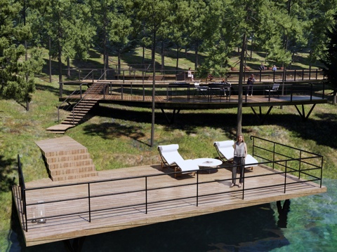 现代 公园 森林公园景观 森林栈道 观景木平台 户外篝火烧烤su模型