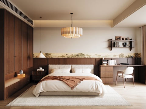 中古风卧室 双人床 衣柜 书桌椅su模型