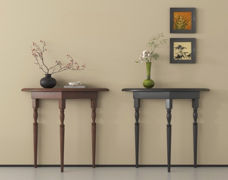 中古风玄关柜 端景柜 盆栽 挂画su模型