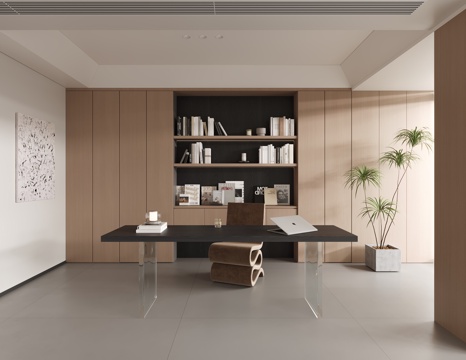 现代极简书房 书籍 书桌椅 装饰画su模型