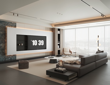 现代意式家居客厅 无主灯 高级灰 沙发 横厅su模型