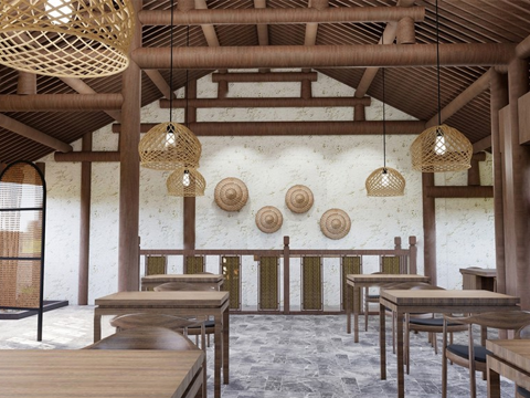 侘寂餐饮空间 餐桌椅组合su模型